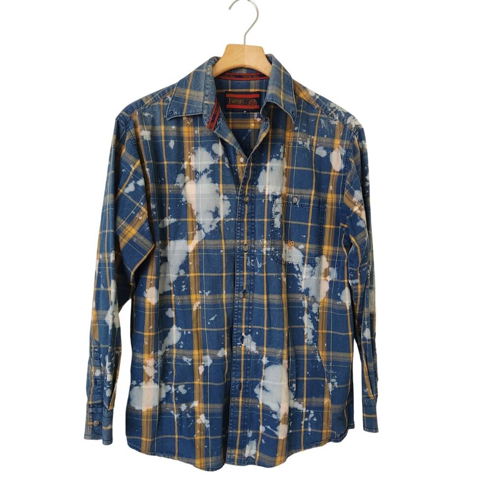Upcycled Bleached Yellow Blue Plaid Button-Up Shirt Gypsy Soul Hippie Boho Cute - Picture 2 of 9